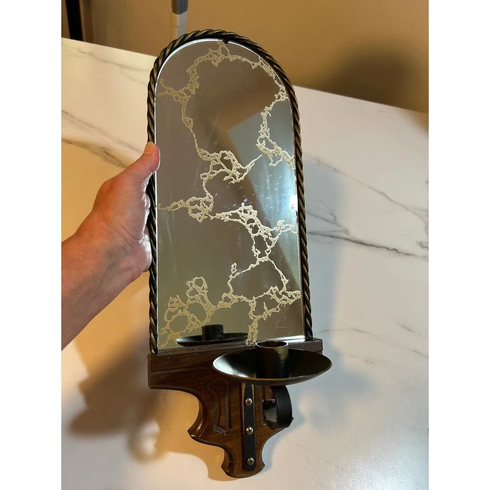 Vintage Wood Mirror Wall Sconce Candle Holder Amber Hobnail Glass Peg Votive